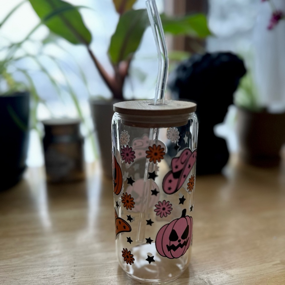 Custom Cowboy Halloween Themed Glass Tumbler with Straw - Free w/ Bundle